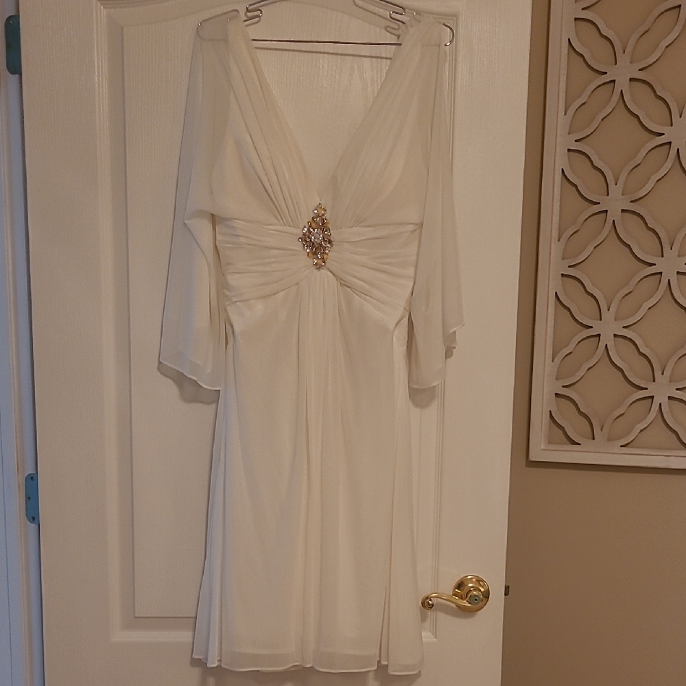 White Ruched Gown with Plunge Neckline